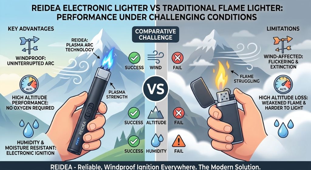 REIDEA VS Traditional Flame Lighter in Wind, High Altitude, and Humid Conditions